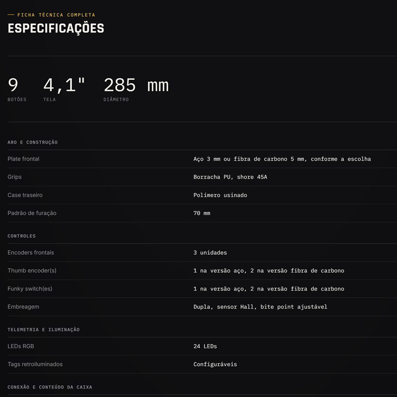 Ficha técnica de um kit de volante na loja Hive Sim, com medidas e tabela de especificações